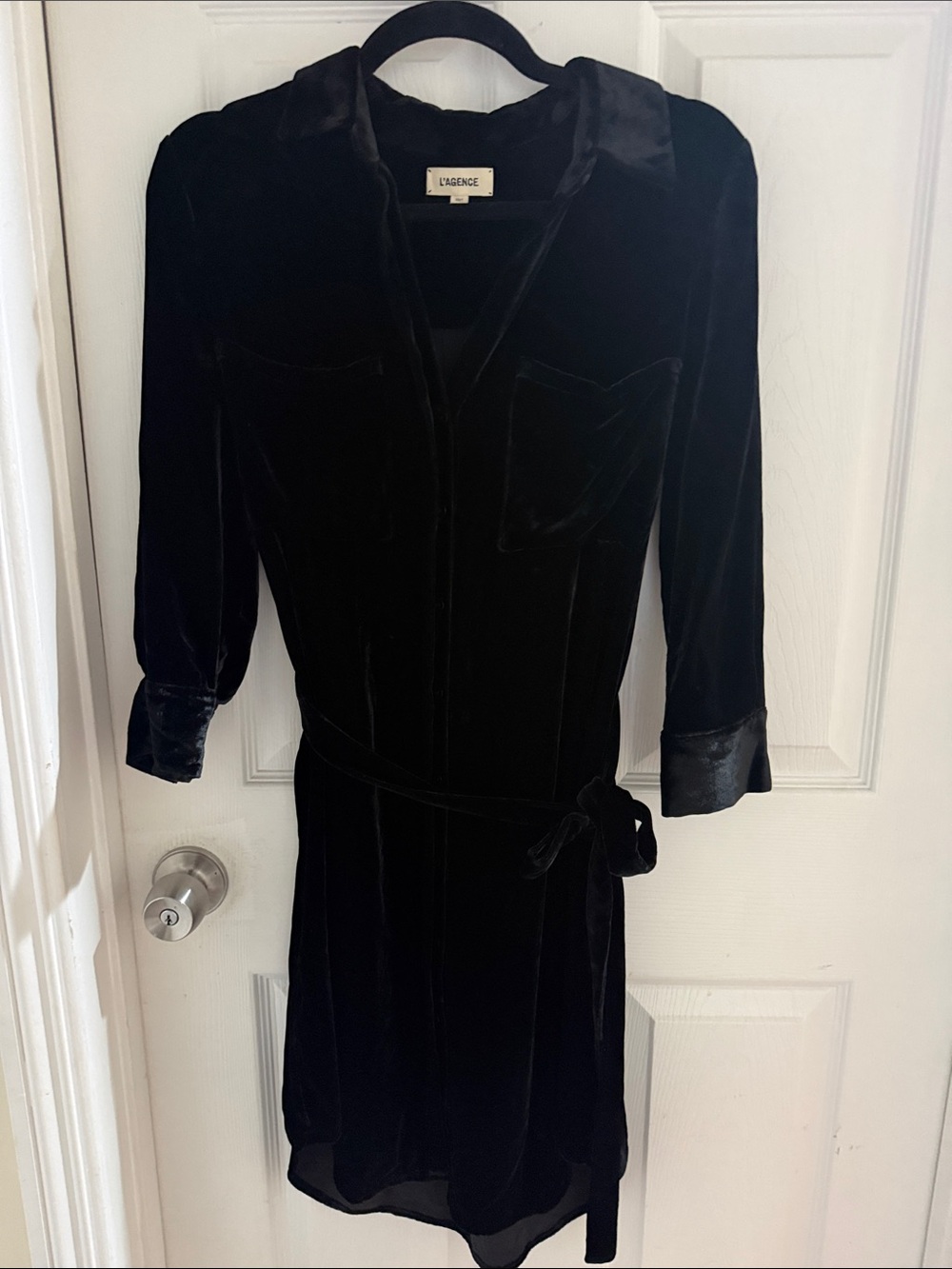 L'AGENCE Black Velvet Belted Shirt Dress